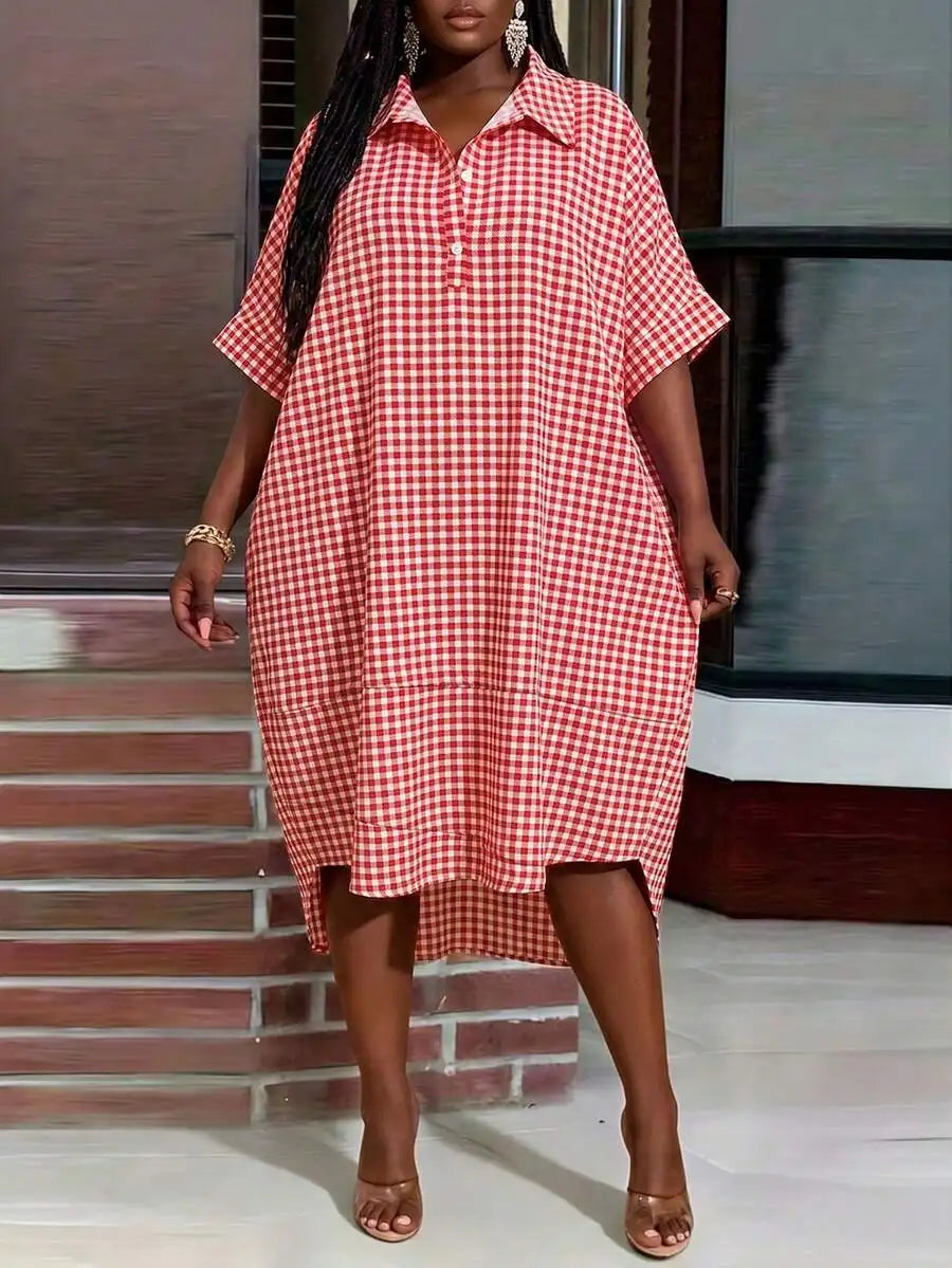 Model wearing a red and white gingham oversized casual midi dress