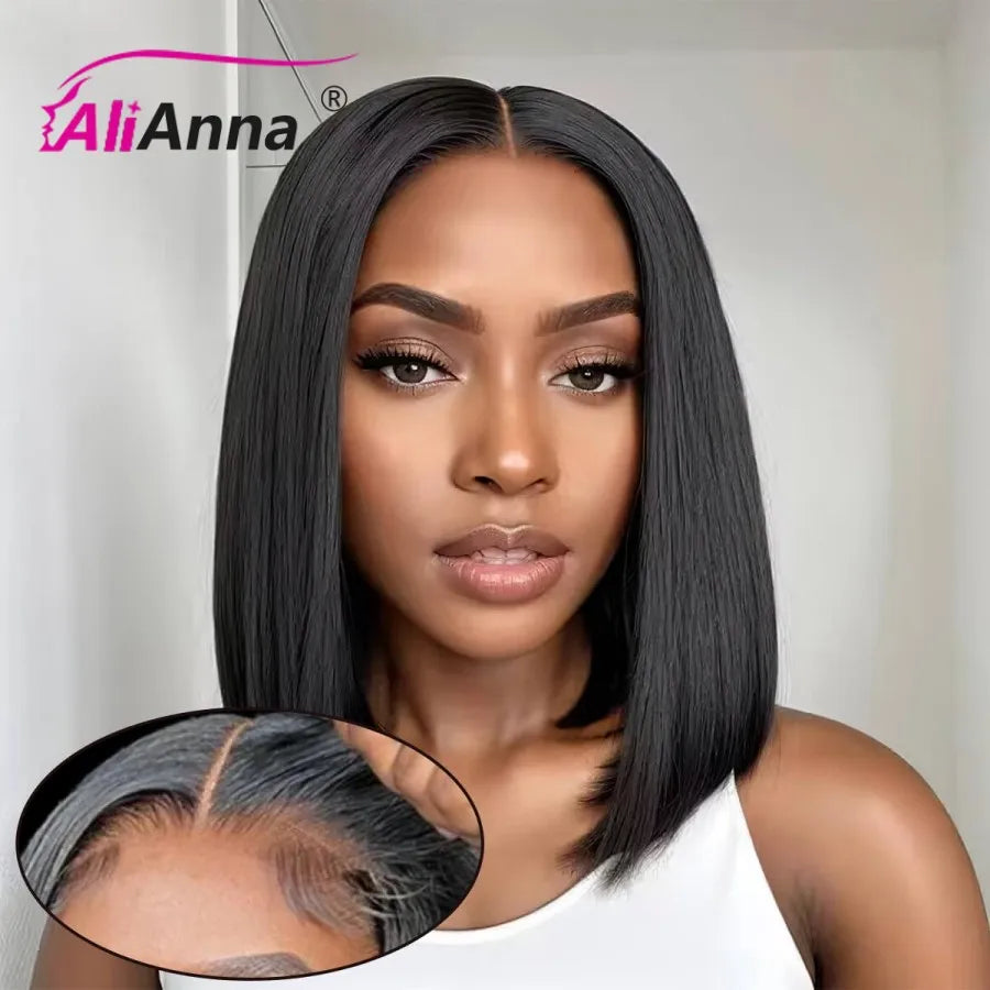 Woman with a short straight black bob wig showing natural lace hairline