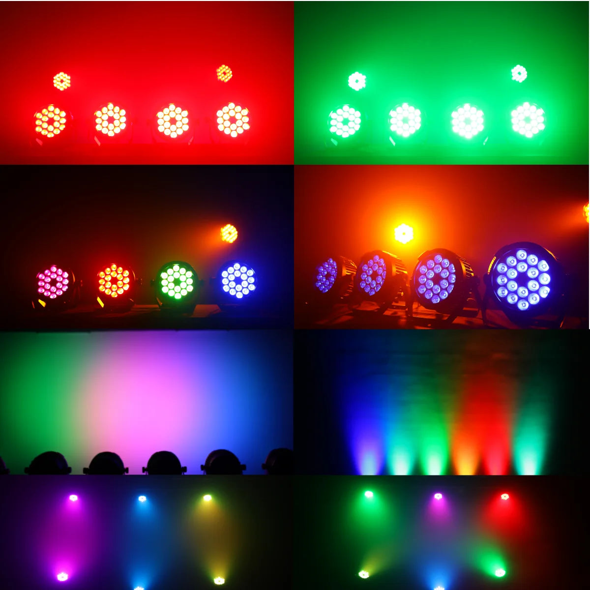 Collage of different coloured lighting effects created by stage LED wash lights