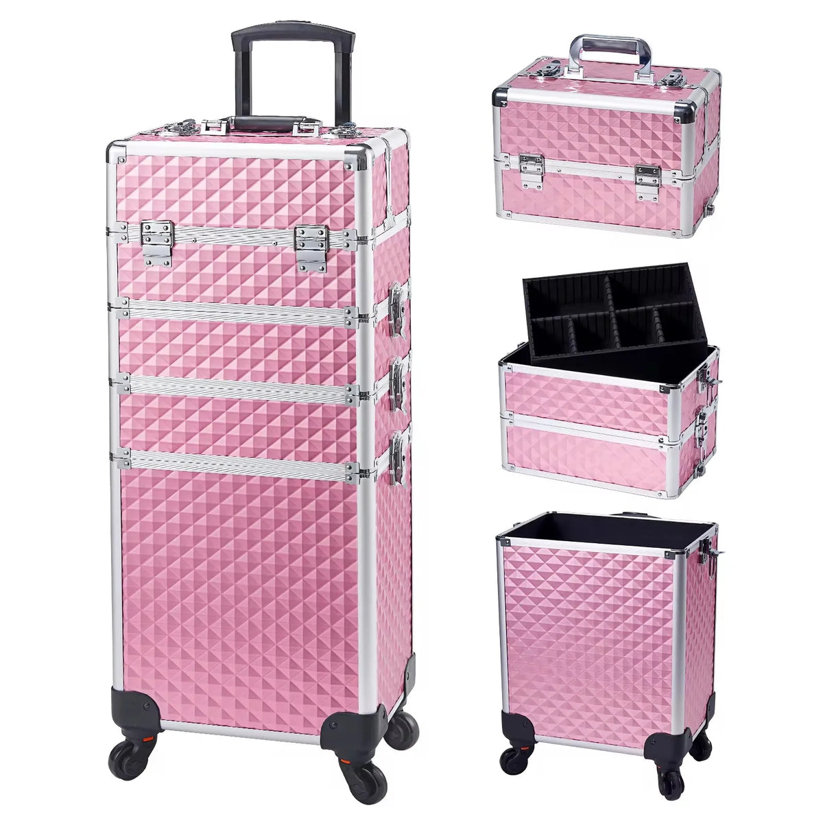 Maxulene Makeup Trolley Case with 4 Detachable Compartments and Spinner Wheels – Light Pink