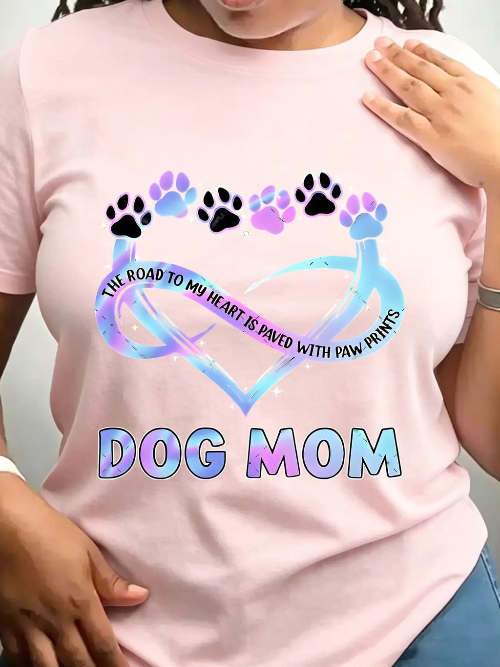 Light pink crew neck t-shirt with Dog Mom infinity heart and paw print design