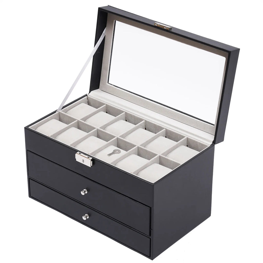 Black watch storage display box with a glass lid, 12 watch pillows, and two drawers.