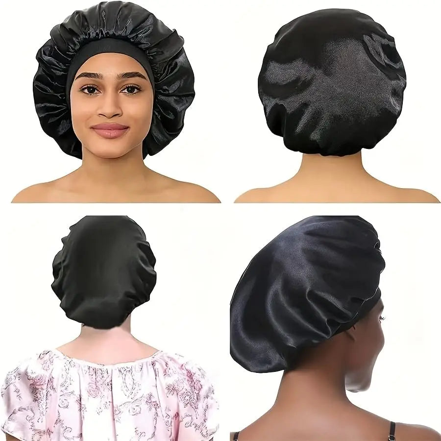 Multiple angles of a black satin sleep bonnet worn by a person.