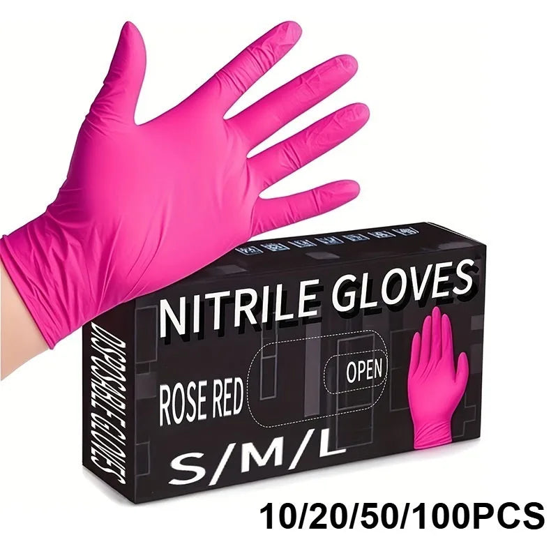 Pair of rose red nitrile disposable gloves shown with product packaging box