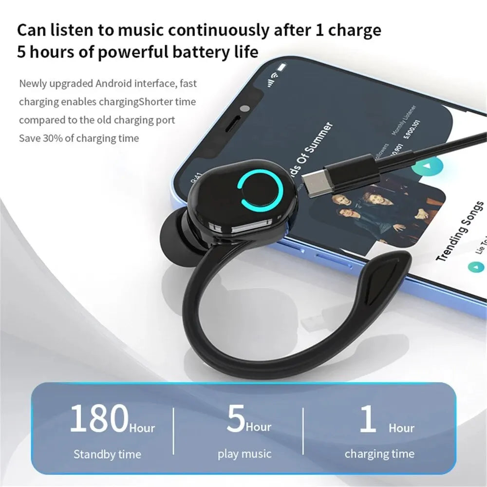 Black wireless Bluetooth headset being charged with a USB-C cable