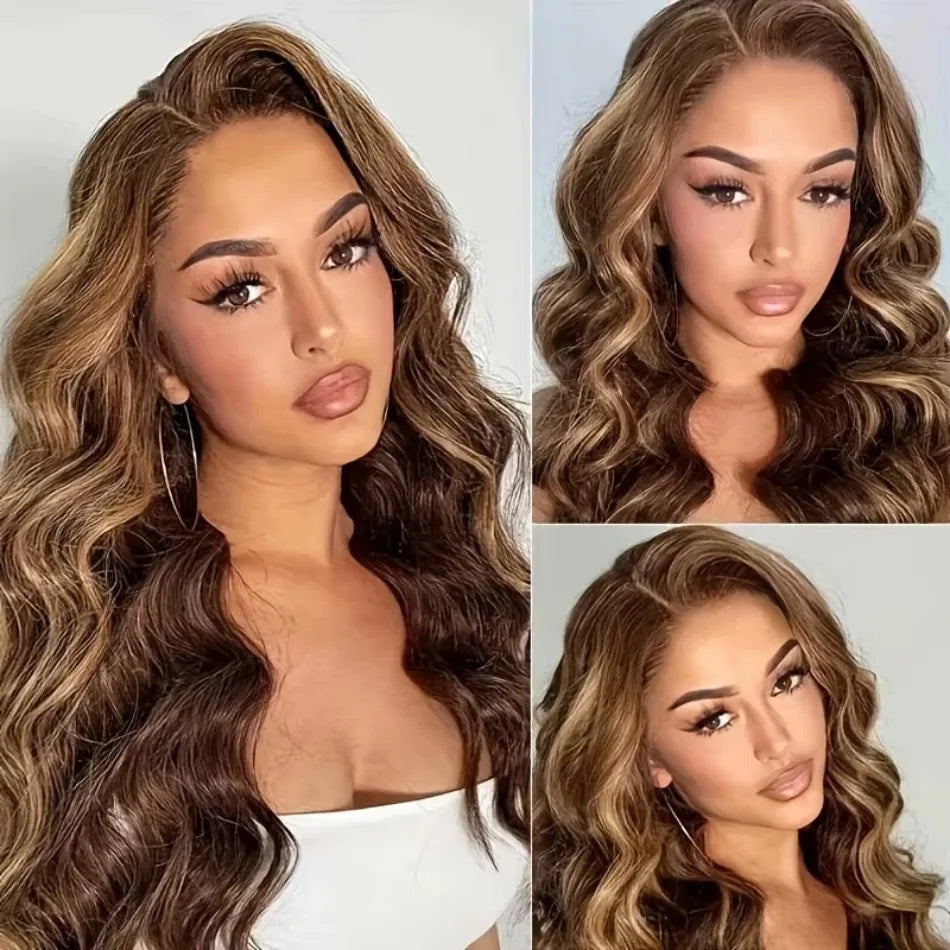 Model wearing a highlighted brown and blonde body wave lace front wig