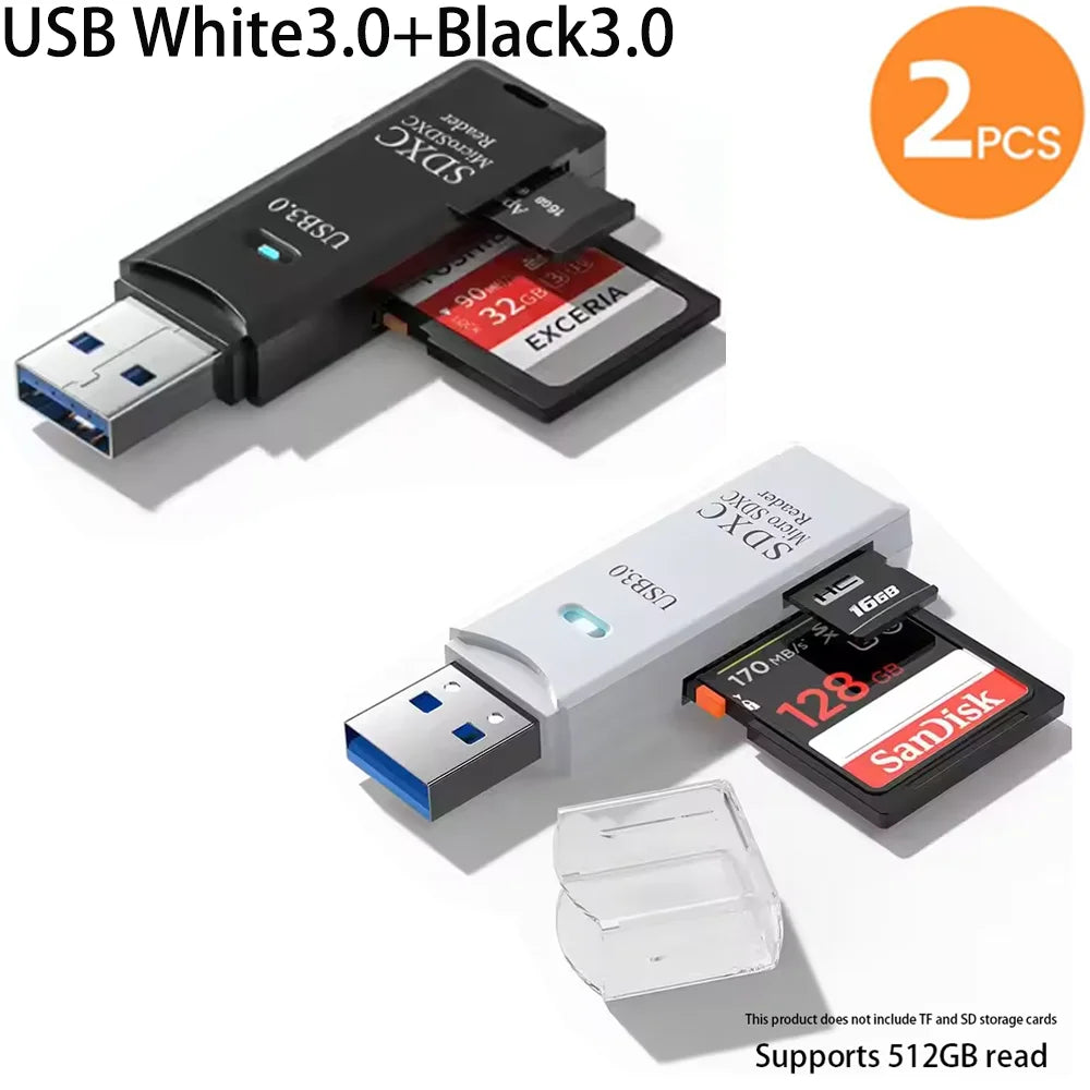 2-in-1 USB Memory Card Reader for SD and TF Cards – White3.0 Black3.0
