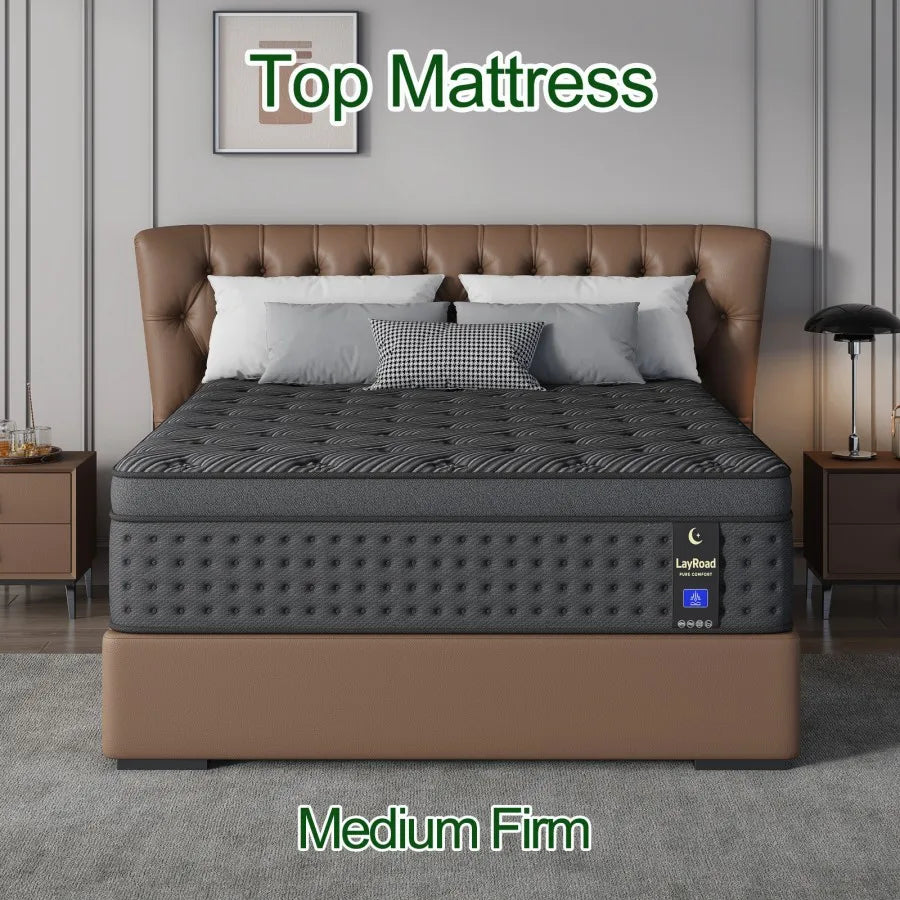 A medium-firm hybrid mattress on a bed frame in a modern bedroom setting.