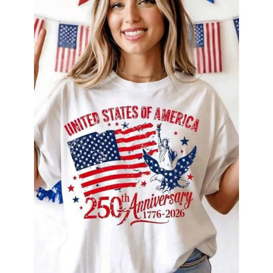 US 250th Anniversary Women's Round Neck Cotton Blend T-Shirt – White