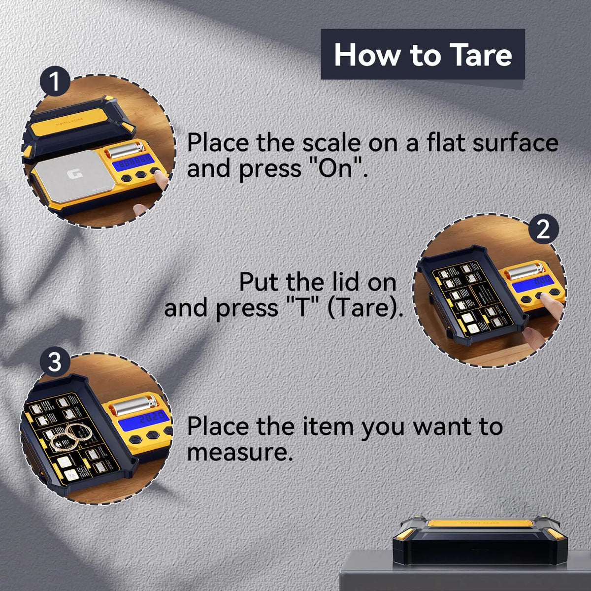 Step-by-step instructions on how to use the tare function on a digital gram scale