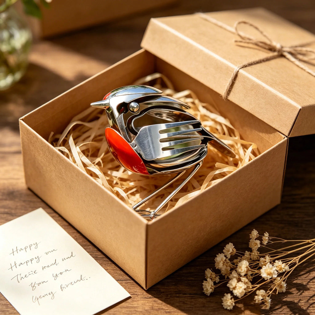 Stainless steel robin figurine made from cutlery in a cardboard gift box with a handwritten note