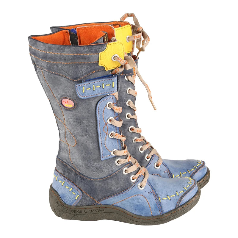 TMA EYES Women's Retro Lace-Up Leather Mid-Calf Snow Boots – Blue