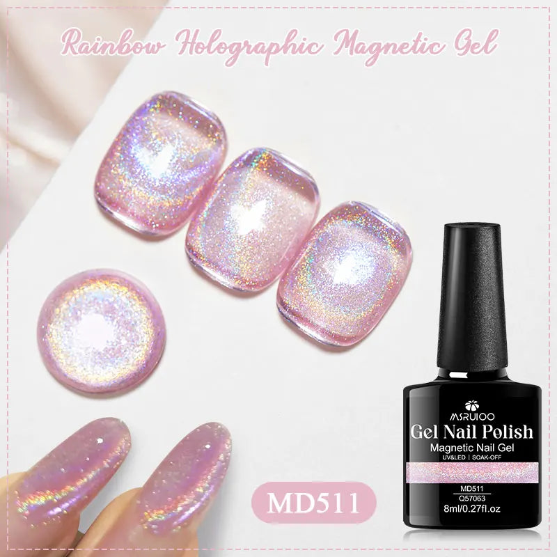 Pink holographic magnetic cat eye gel nail polish swatches on sample tips with bottle