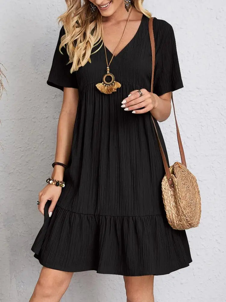 Women's V-Neck A-Line Mini Dress with Ruffles – black