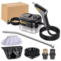 Black handheld steam cleaner machine with accessories and cardboard packaging