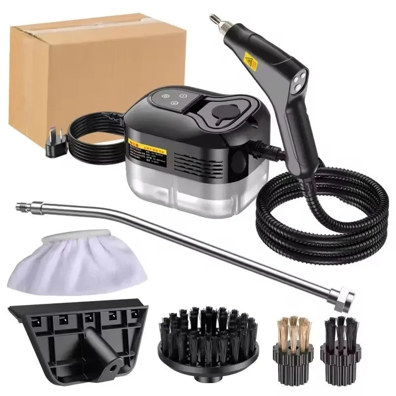 Black handheld steam cleaner machine with accessories and cardboard packaging