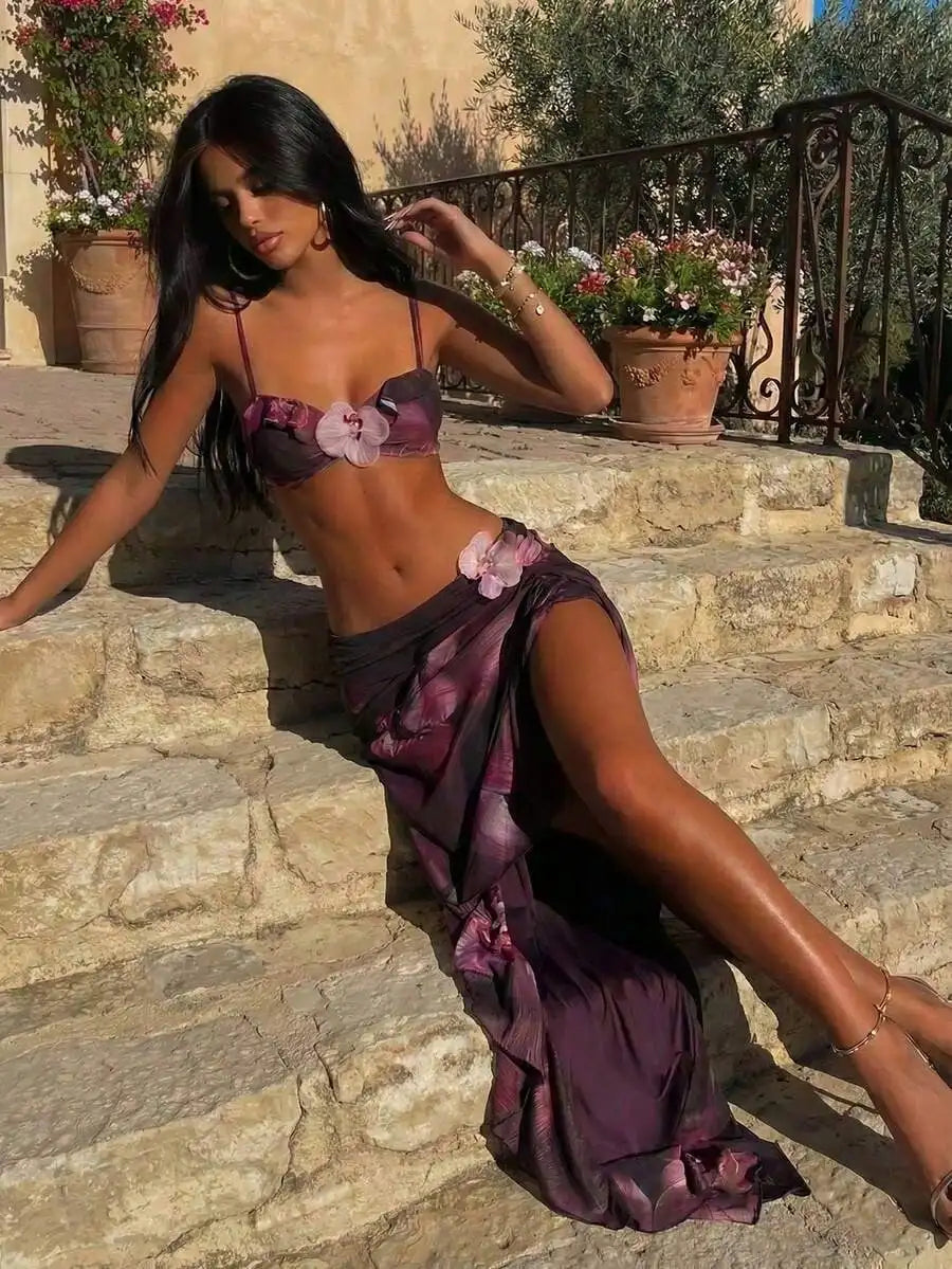 3-Piece Women's Floral Print Bikini and Knee-Length Beach Dress Set – Purple