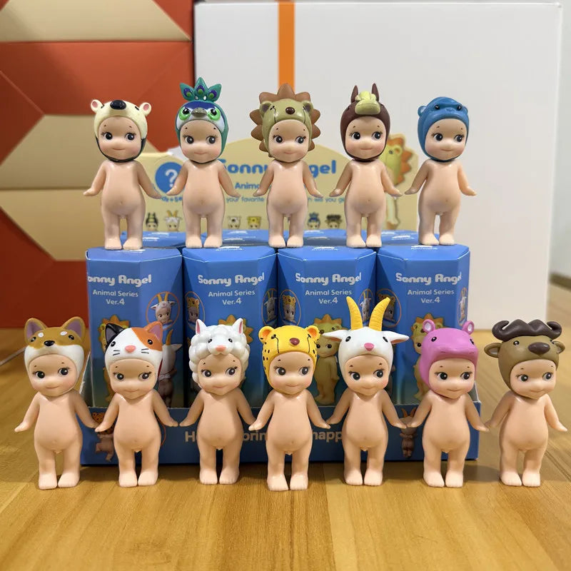 collection of twelve miniature animal-themed figurines standing in front of their blue packaging boxes labeled Animal Series