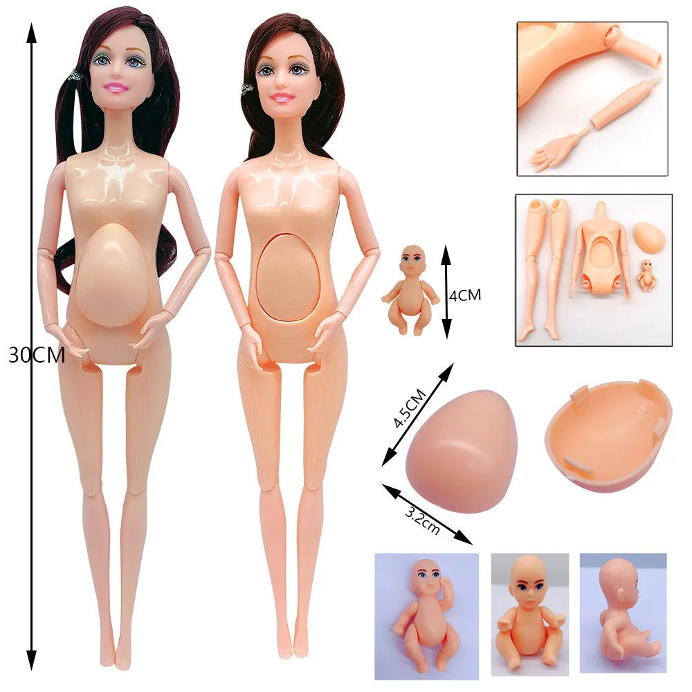 A pregnant fashion doll with removable stomach and a baby figure, including dimensions