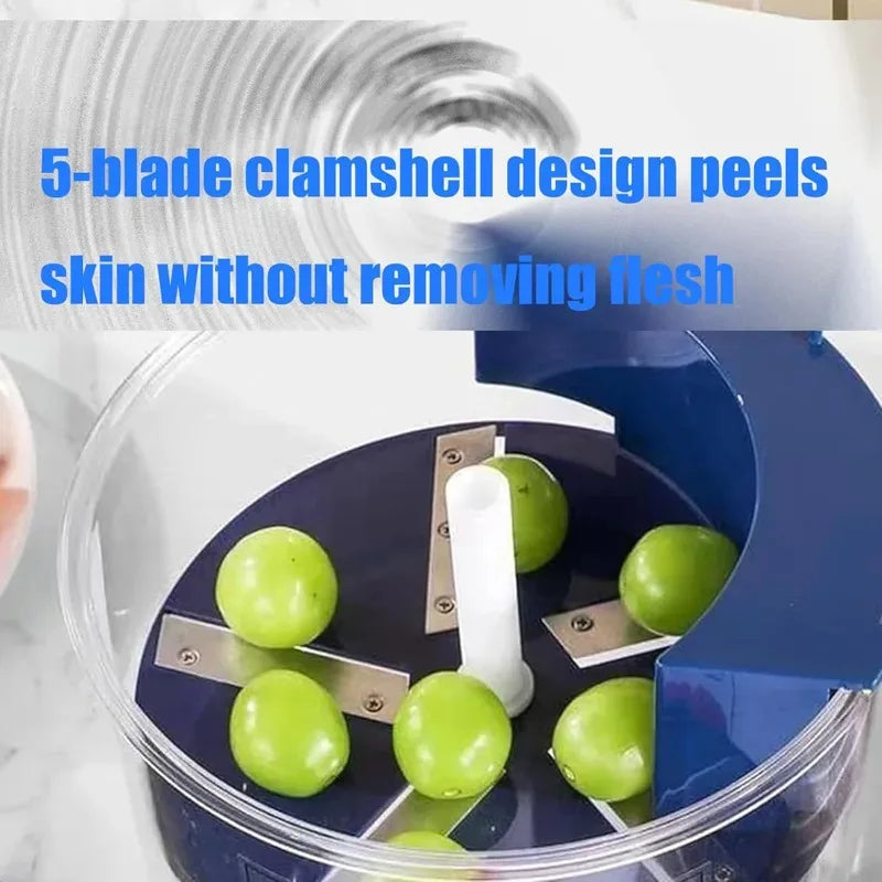 Interior view of electric fruit peeler showing five-blade design and green grapes