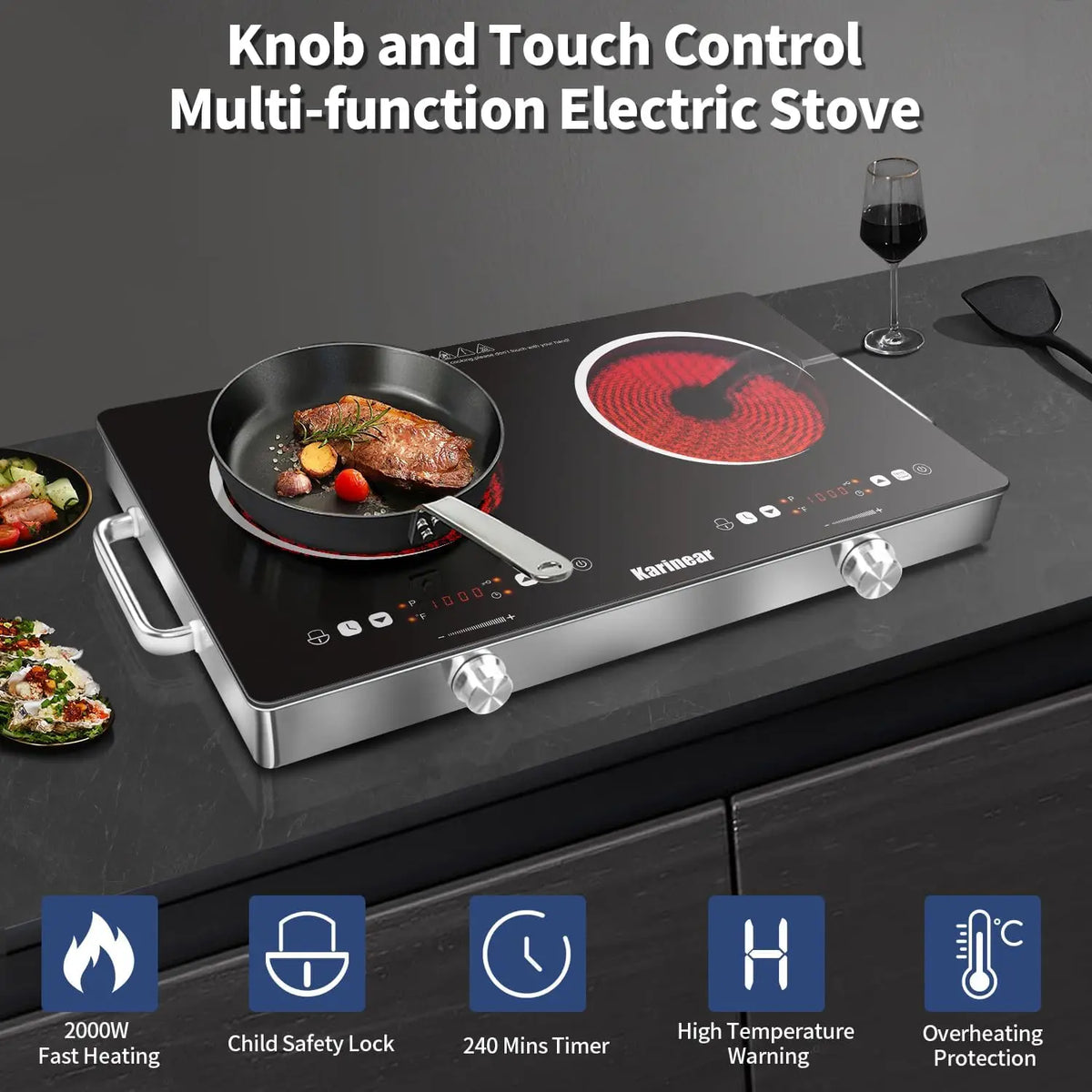 Double burner electric ceramic hob with steak pan and safety function icons