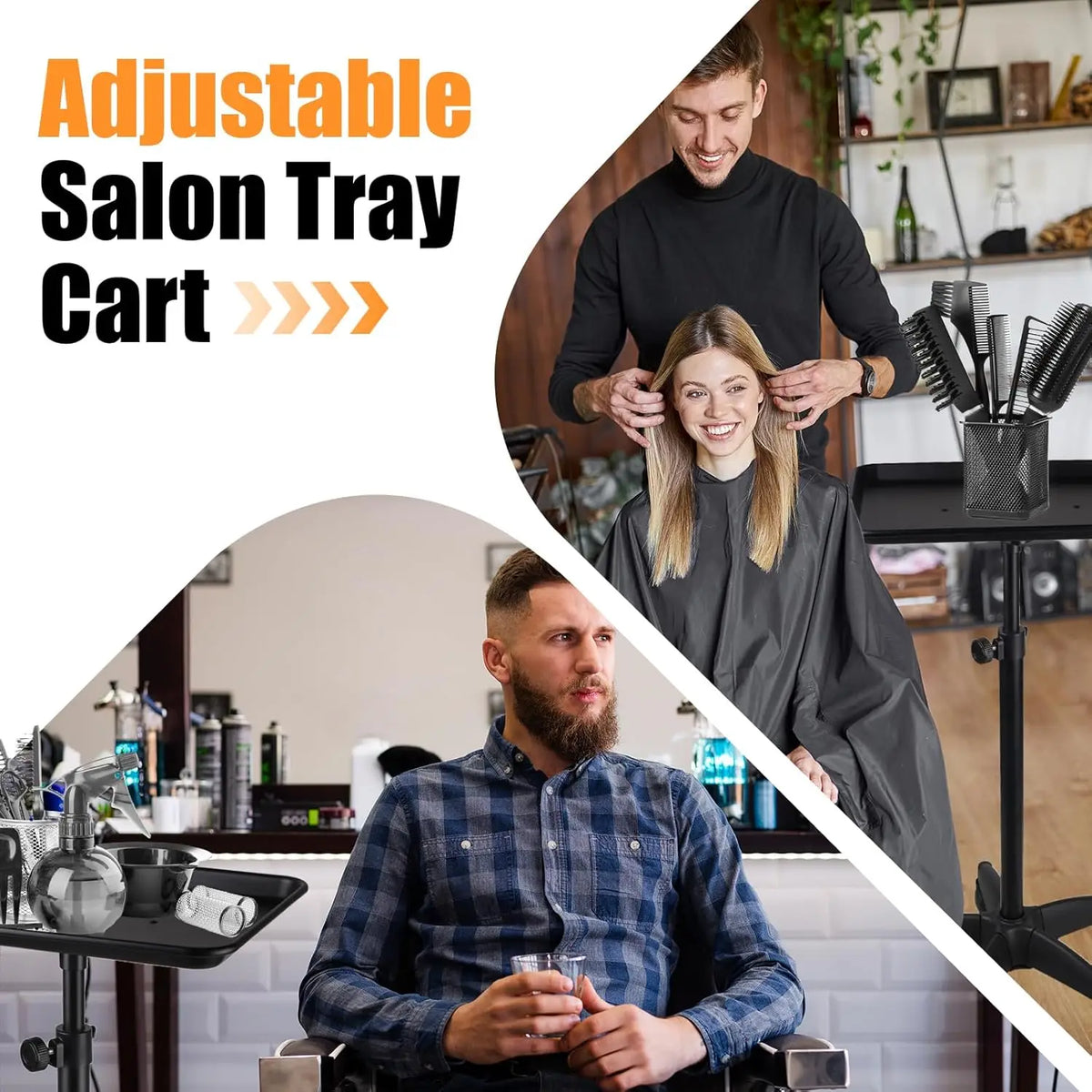 Adjustable salon tray cart with hairstylist working in the background