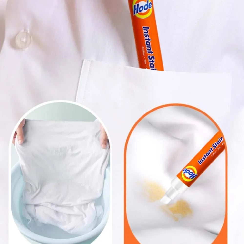 Instant stain remover pen being used on a white fabric surface