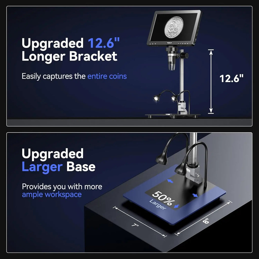 Diagram showing the dimensions of the upgraded stand and base of the digital microscope