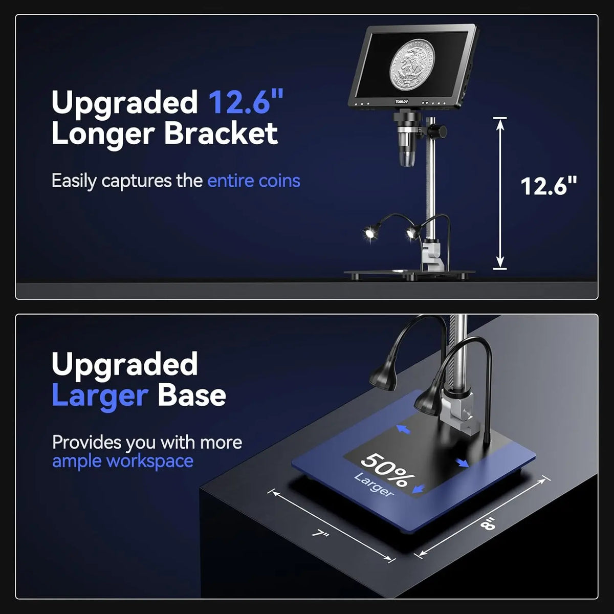Diagram showing the dimensions of the upgraded stand and base of the digital microscope