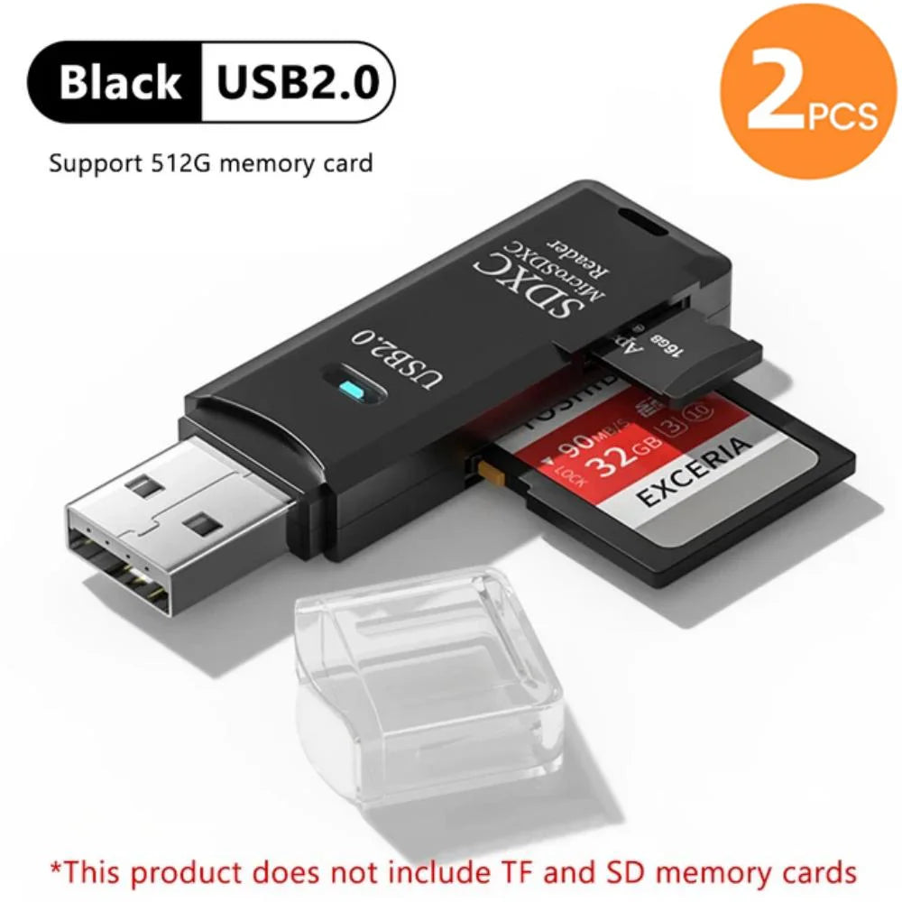2-in-1 USB Memory Card Reader for SD and TF Cards – 2pcs Black2.0