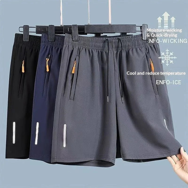 Men's lightweight quick-drying athletic shorts in black, navy, and gray with side zipper pockets and reflective accents