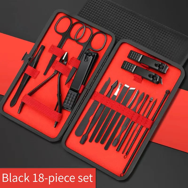 Nail Clipper Set with Carbon and Stainless Steel Manicure Tools – Black 18-piece set