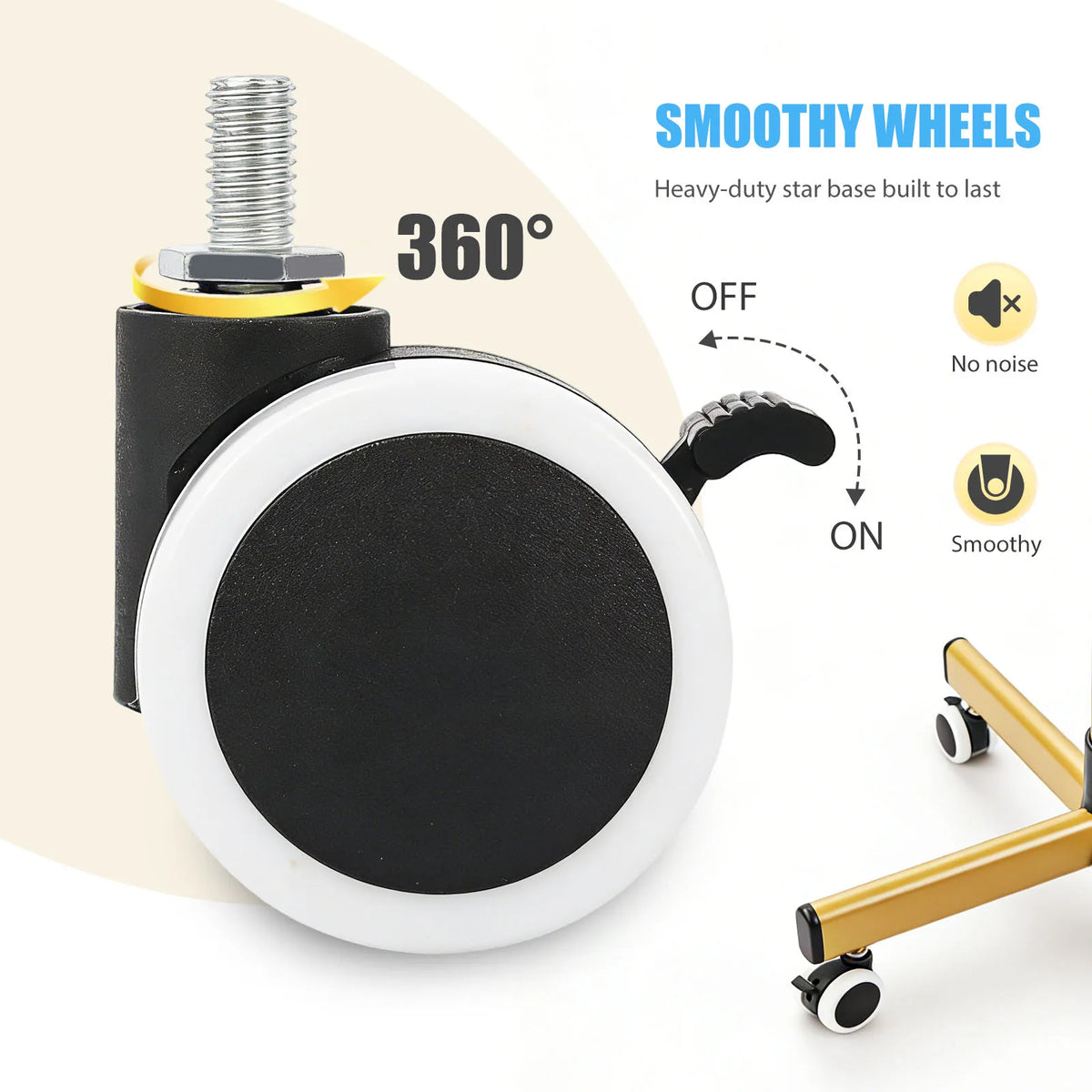 Close-up of a 360-degree swiveling caster wheel with an on-off brake switch for a salon cart