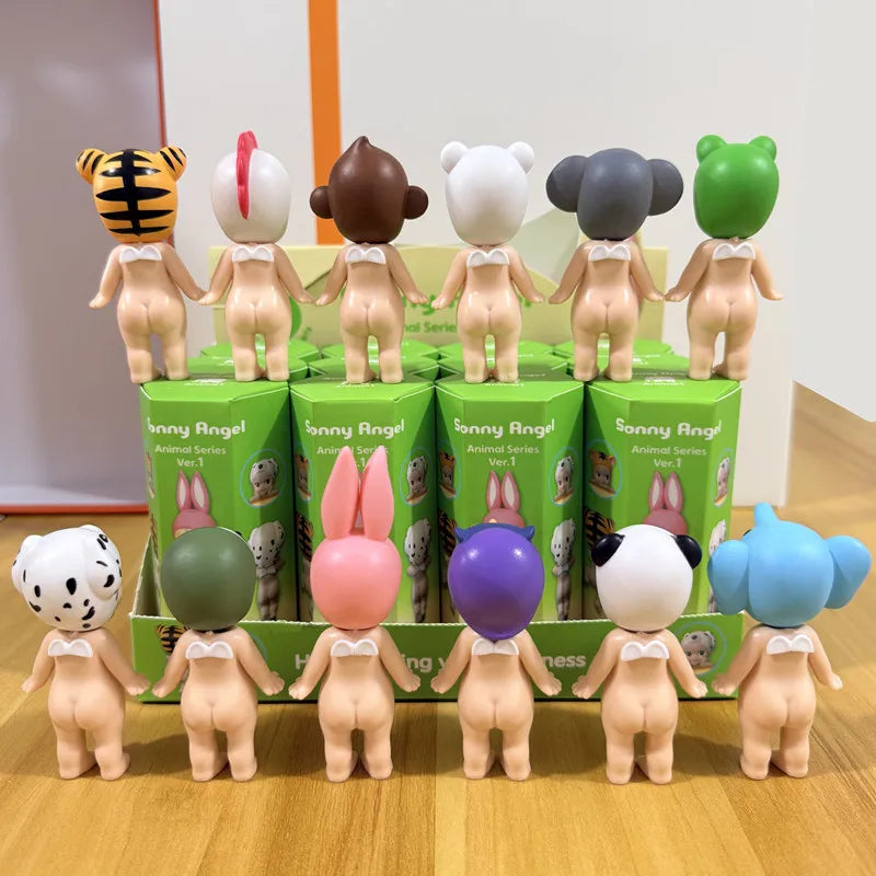 Back view of twelve miniature animal-themed figurines standing in front of their green packaging boxes