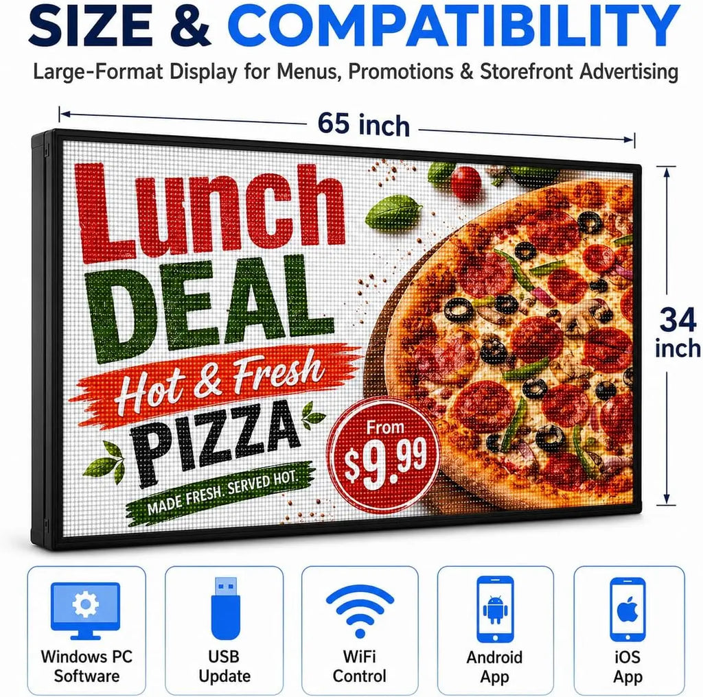 A large rectangular LED digital display board showing a pizza lunch deal advertisement with hot and fresh text.