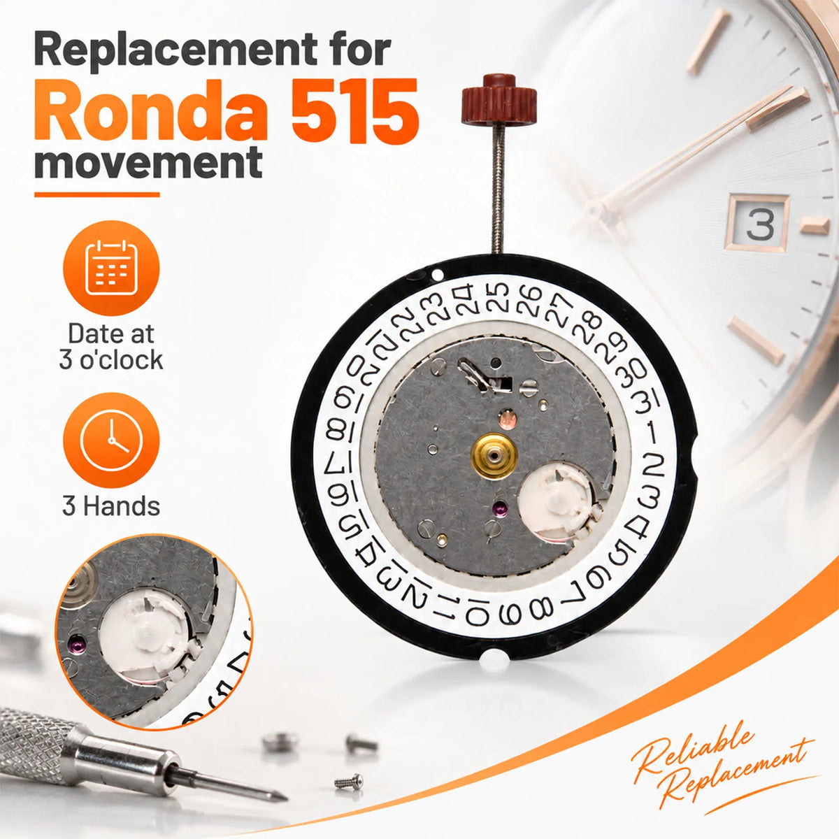 For Ronda 515 Movement 3 Hands Quartz Movement with Date at 3 O'clock Accessories Repairing Replacement Parts Watch Movement – view 5