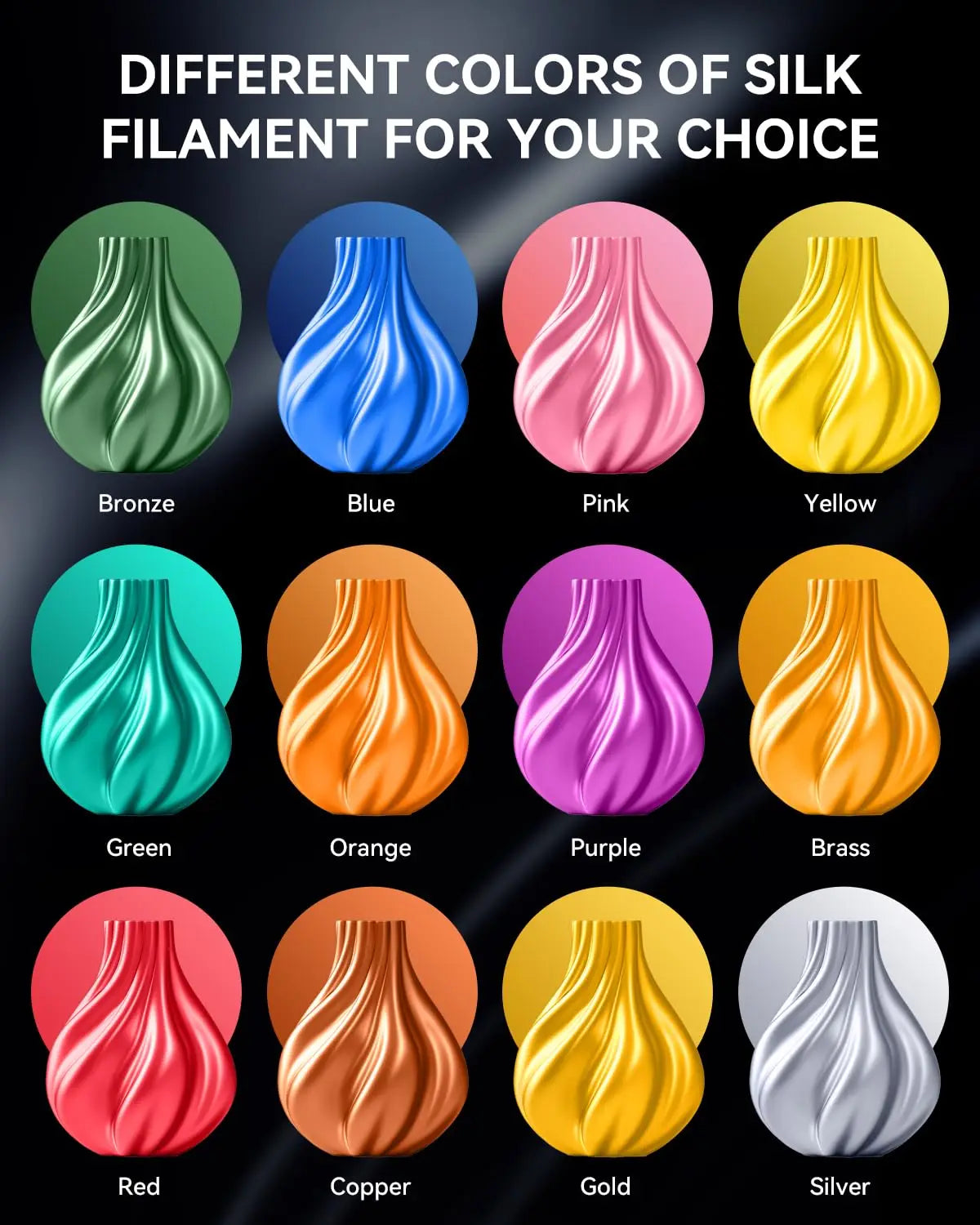 Grid showing various 3D printed vase models in different silk PLA filament colors with color labels.