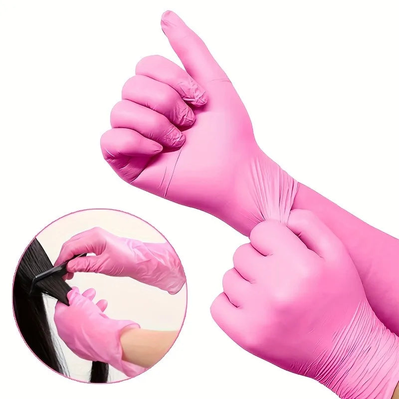 Collage of hands wearing rose red nitrile gloves during various tasks like hair styling