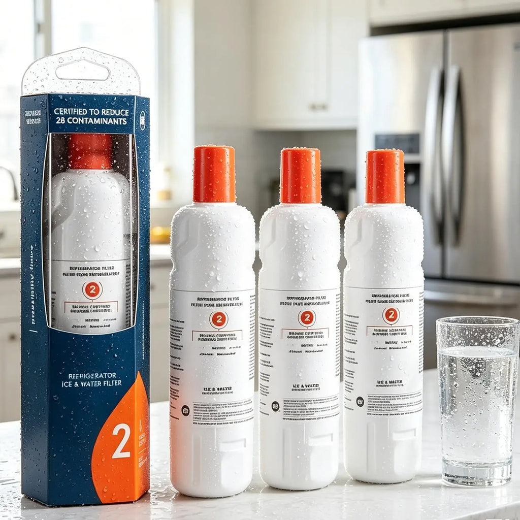 A pack of three refrigerator water filters and their packaging with a glass of water on a kitchen counter.