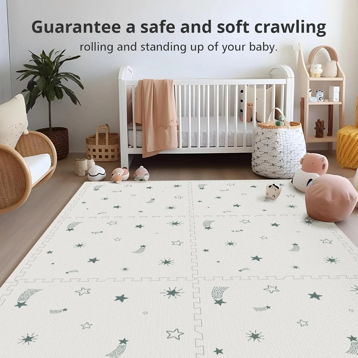 Baby play mat in a bedroom with a crib, highlighting a safe surface for crawling and standing.