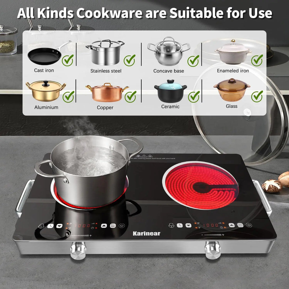 Portable two-zone electric hob with various types of compatible cookware displayed