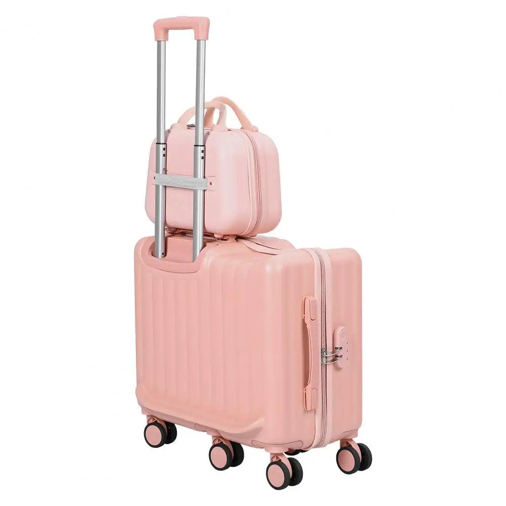 Rear view of a pink ride-on kids luggage case with the matching bag attached to the handle.