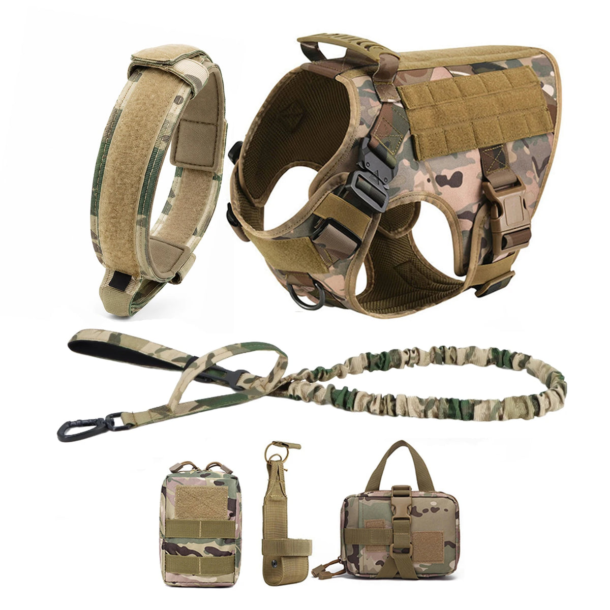 Tactical Dog Harness with Collar and Leash for Medium to Large Dogs – Camouflage 6 Pieces