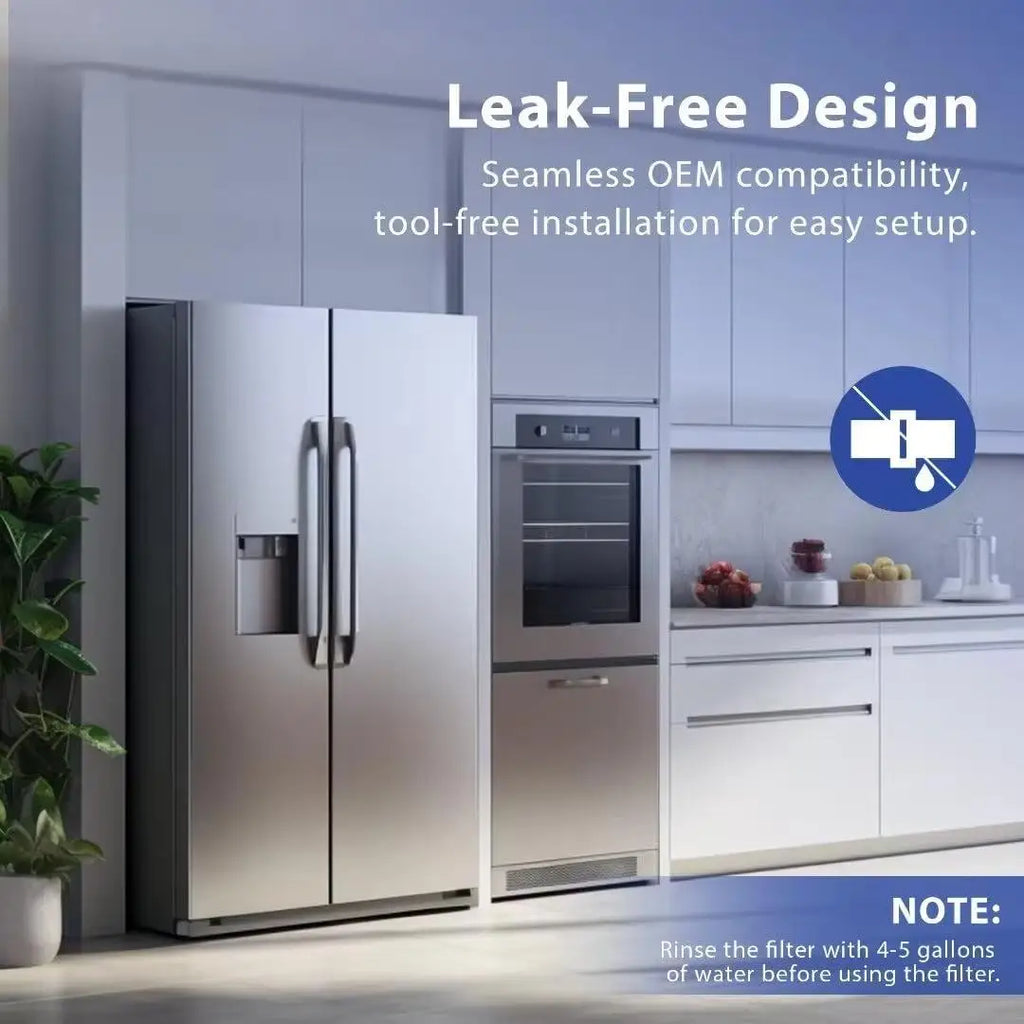 Graphic showing a stainless steel refrigerator and noting a leak-free design with installation instructions.