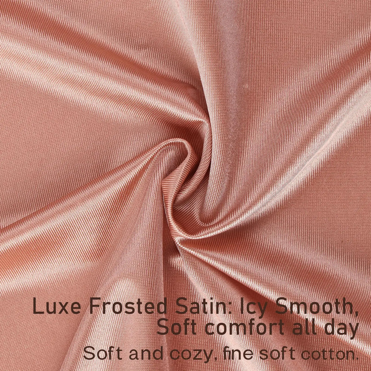 Close-up view of soft pink satin fabric with overlaid text.