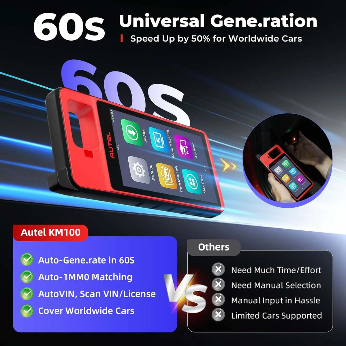 Automotive key programming tool demonstrating fast generation speed vs manual methods