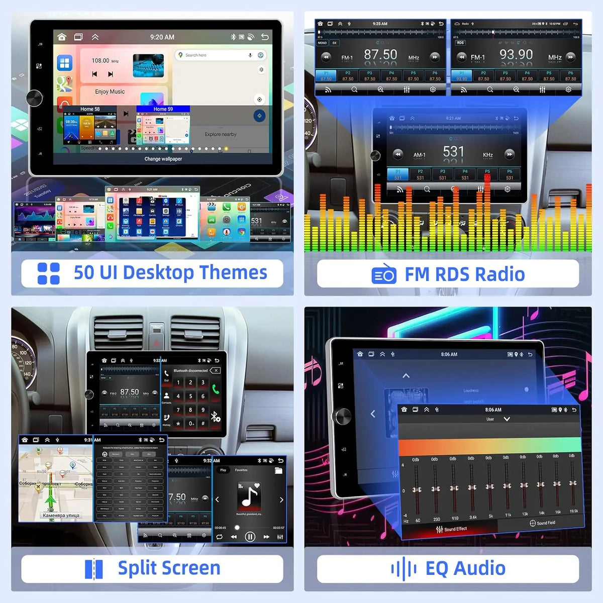 Car stereo features including multiple UI themes, FM radio, split screen display, and EQ audio settings