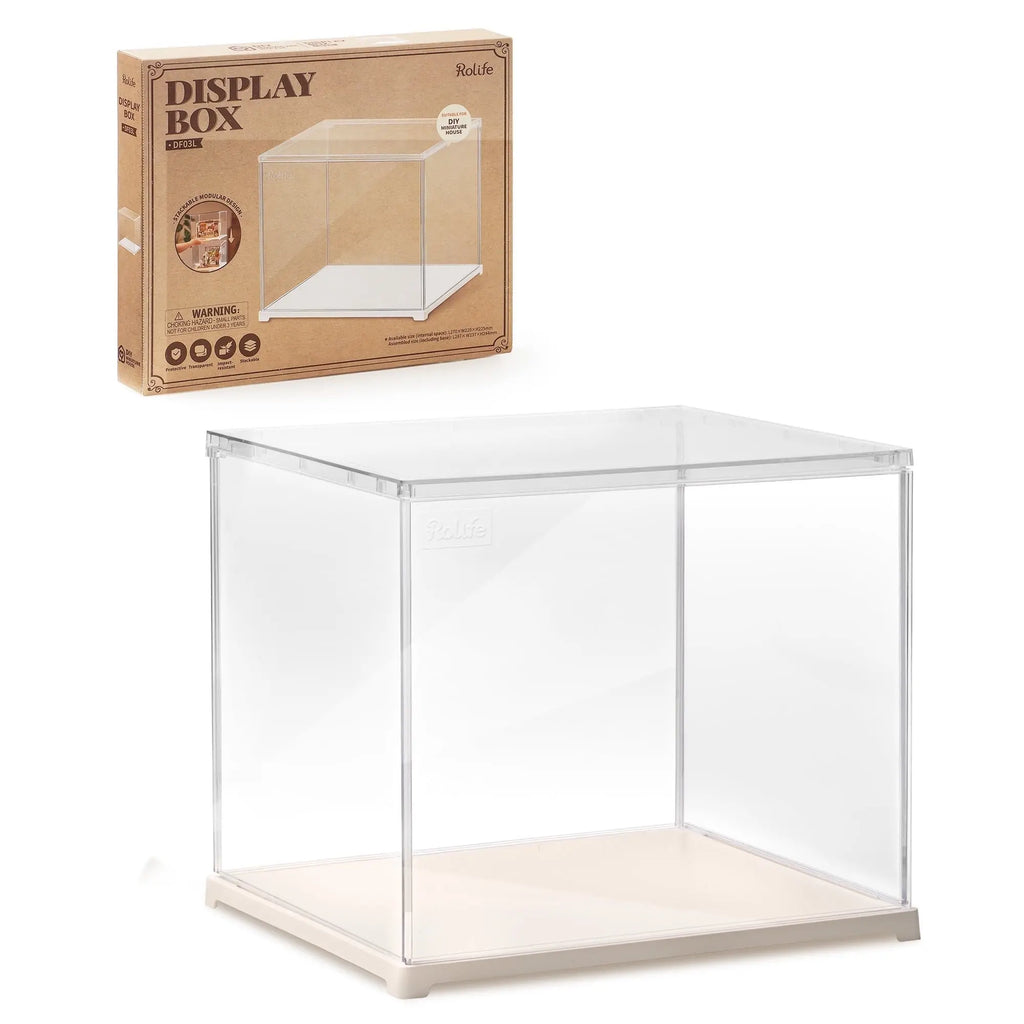 Clear acrylic display box for miniatures with white base, shown with its cardboard packaging