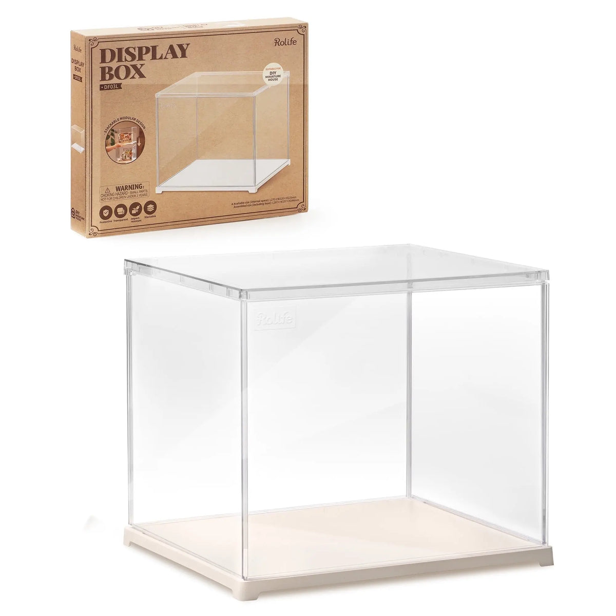 Clear acrylic display box for miniatures with white base, shown with its cardboard packaging