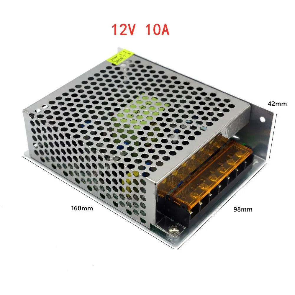 A metal-cased power supply unit with dimensional labels on a white background